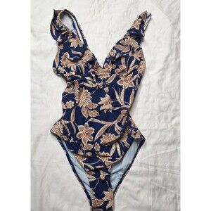 NWT Cupshe Floral Ruffle One Piece Swimsuit Size Medium Navy Gold Tie Back